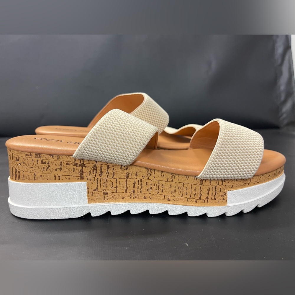 Tan platform, summer casual slip on sandals approximately 2.5 inch heel size 8.5
